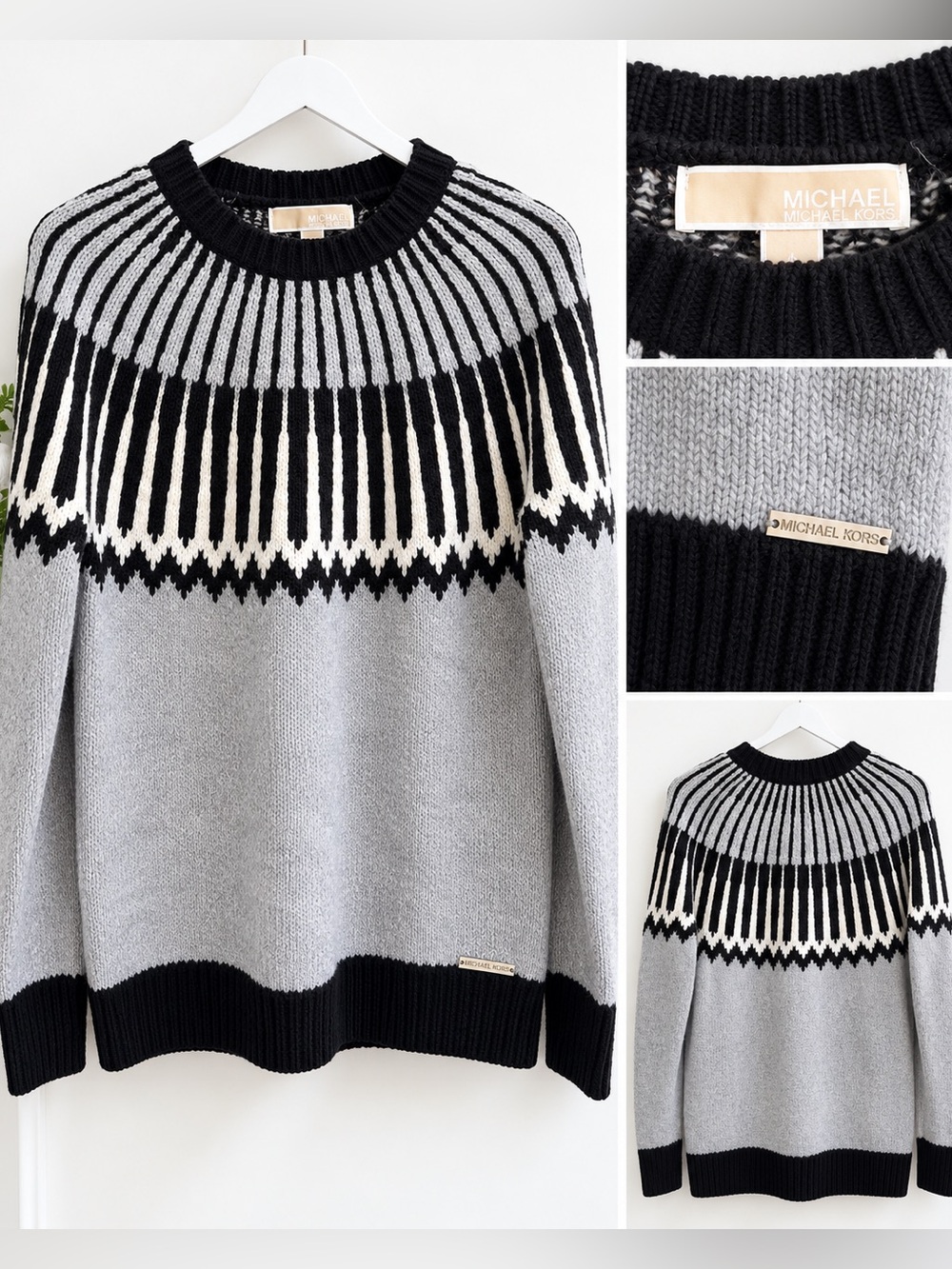 Michael Michael Kors Fair Isle Nordic Sweater Size Small Gray Black Pullover